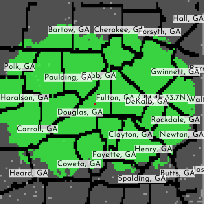 Example market area around Atlanta: included counties are highlighted in green, with surrounding county boundaries shown in gray.